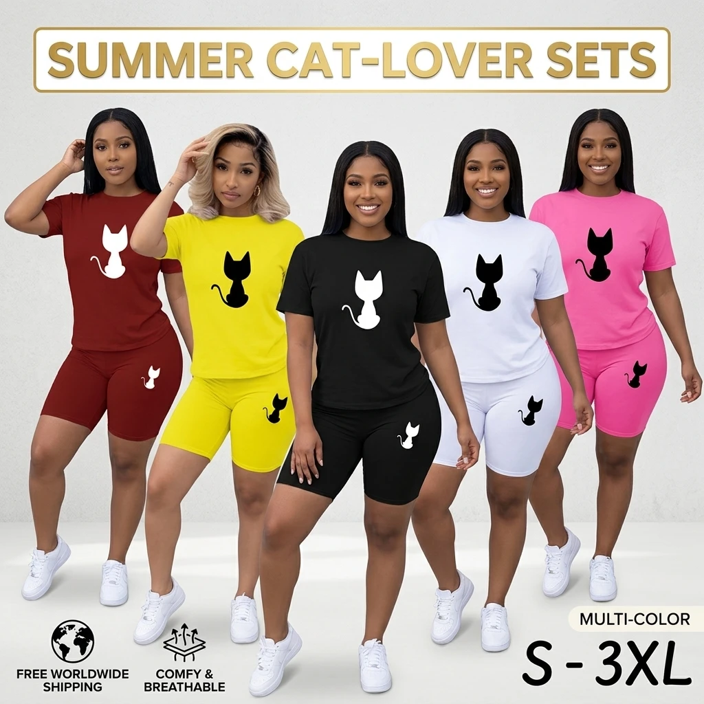 2024 Cute Cat Print Summer Fashion T-Shirt And Shorts Set for Women Sexy Pullover Top with Short Sleeves Matching Female Tracksu