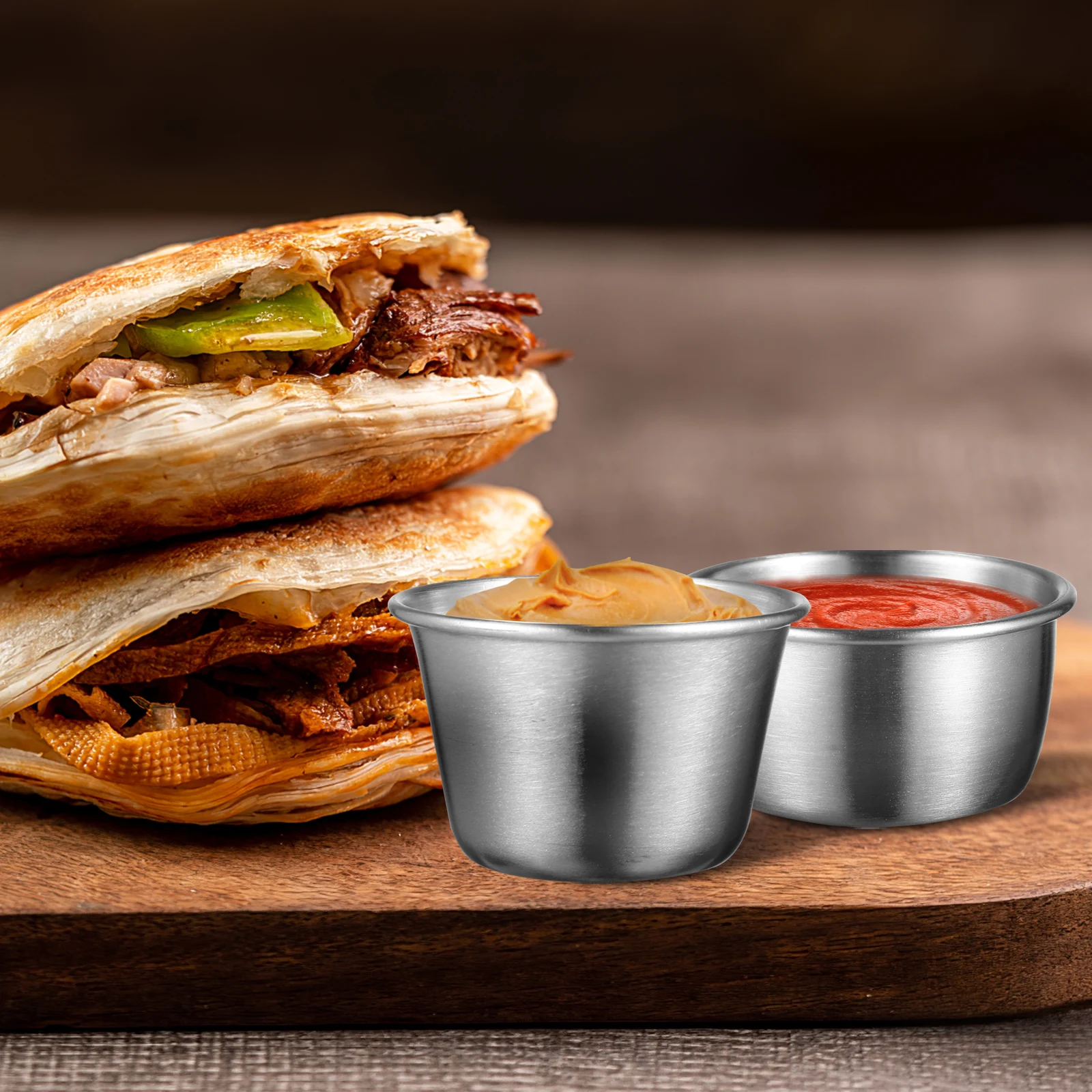 

6Pcs StainlessSteelSauceCups 304Grade 50ml70ml PurpleBluePink SiliconeLids ReusableCondimentContainers KitchenBarbecueParty