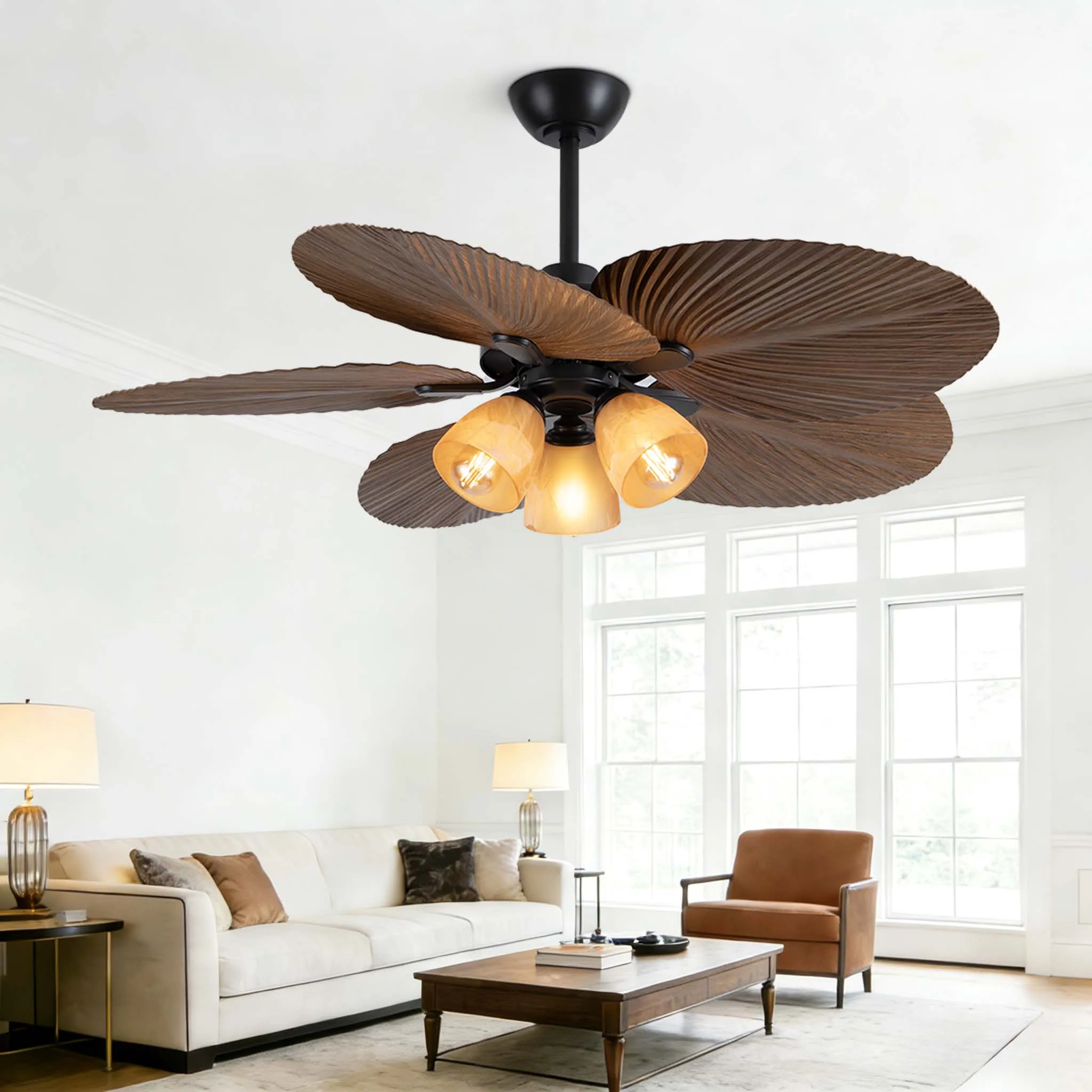 52 Inch Ceiling Fan with Light and Decorative Palm Blade Coastal Design OEM Supplier