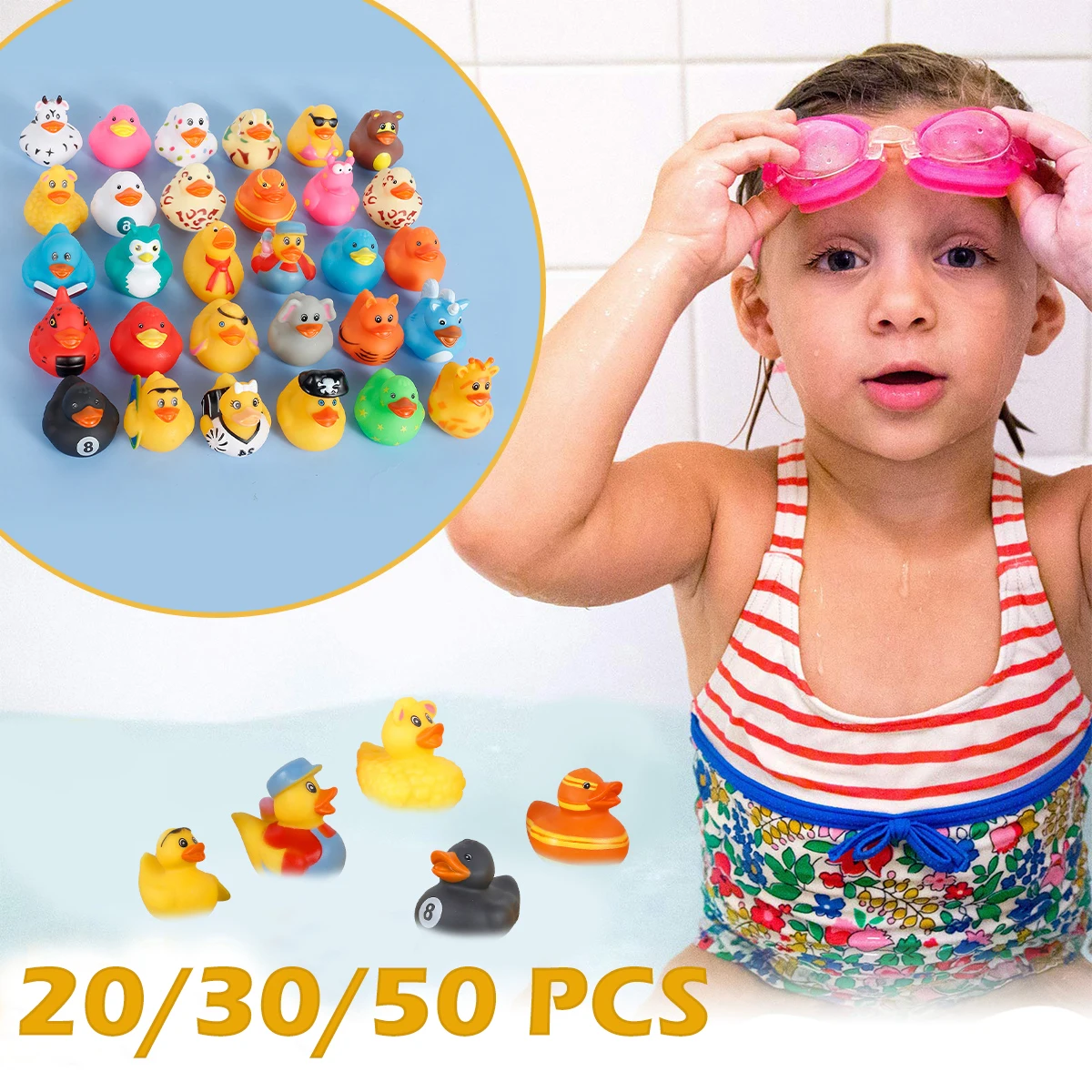 50/30/20Pcs Rubber Duck Toy Set Kids Bath Pool Bathing Toy Cute Floating Duck Quack Splash Toy With Drain Assorted Kids Gifts