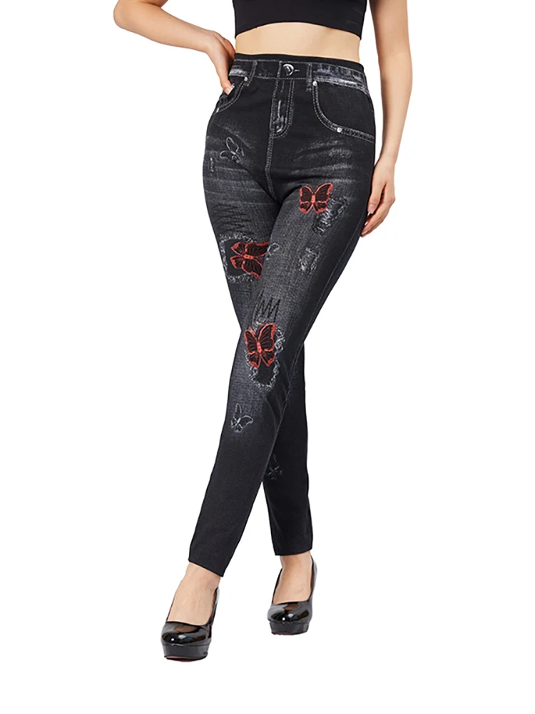 YSDNCHI High Stretch Women Yoga Leggings Sexy Red Butterfly Print Female Black Fake Jeans Slim Fit Faux Denim Pencil Pants