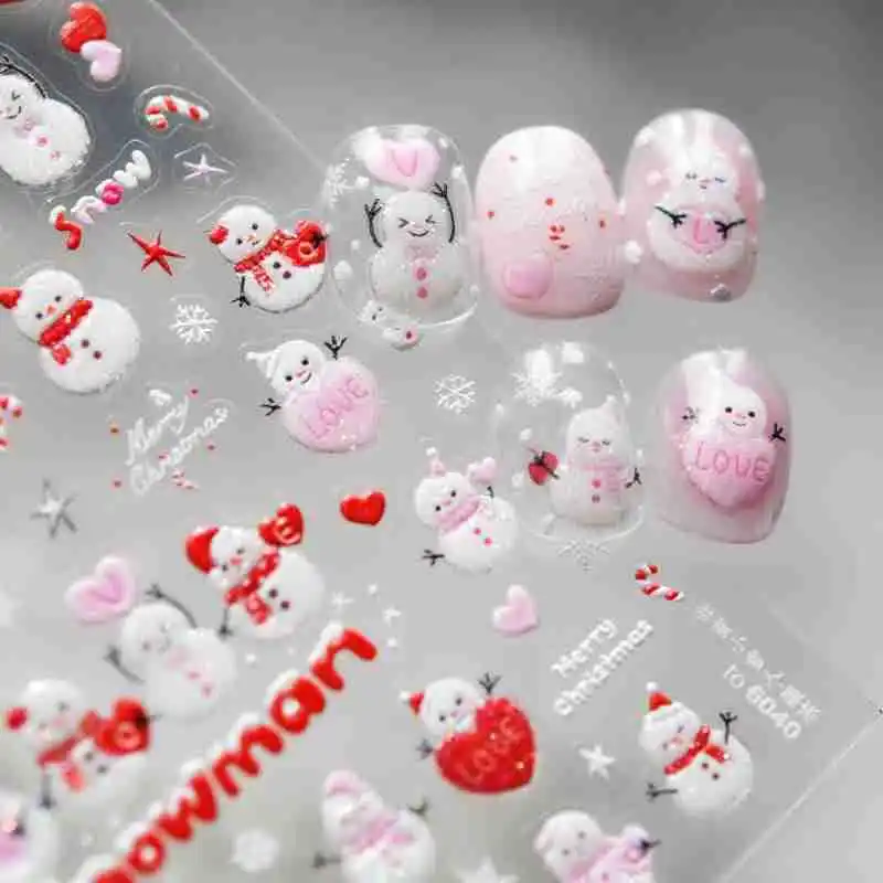 Nail Art Stickers Jelly Sweet Cute Winter Christmas Snowman Adhesive Decals Colorful Lightweight DIY Manicure Decoration Travel