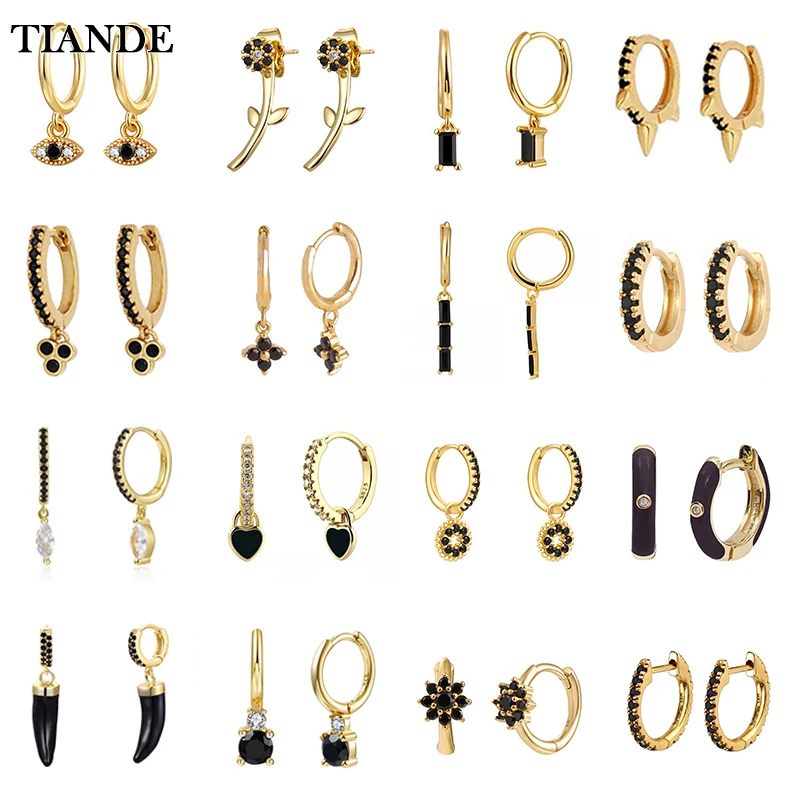 TIANDE Gold Color Drop Dangle Earrings For Women Black Enamel Zircon Piercing Huggies Hoop Earrings Set 2023 Fashion Jewelry