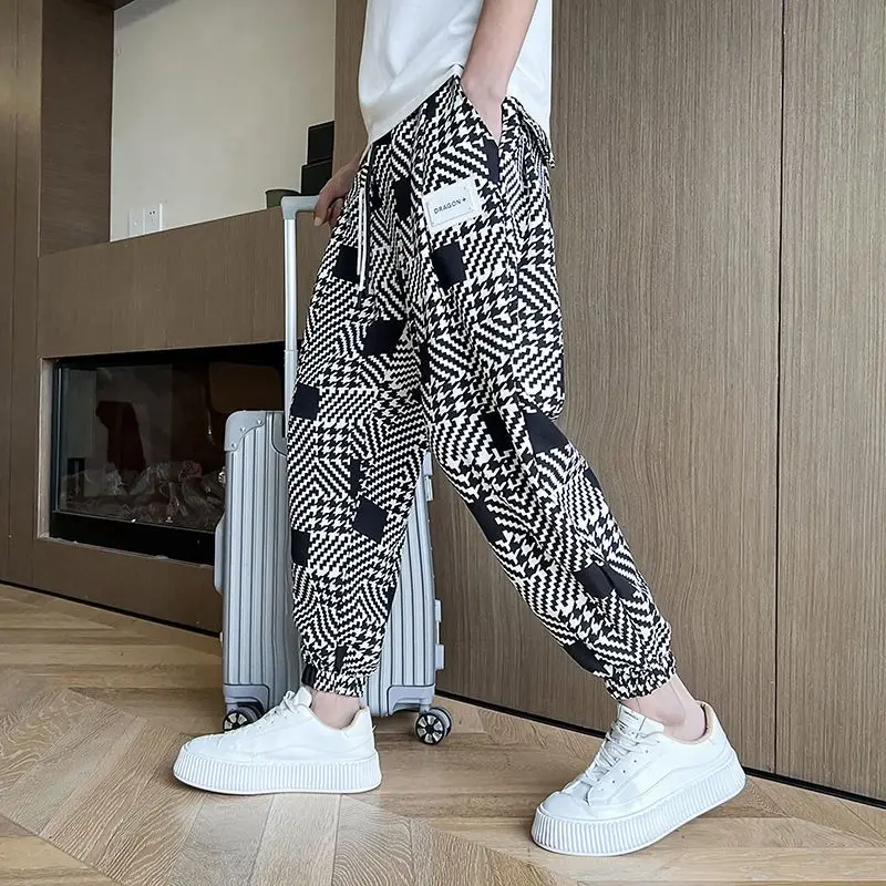 2023 New Summer High End Korean Fashion Trendy High Waist Lace Up Pocket Checkerboard Print Casual Tie Feet Men's Harlan Pants