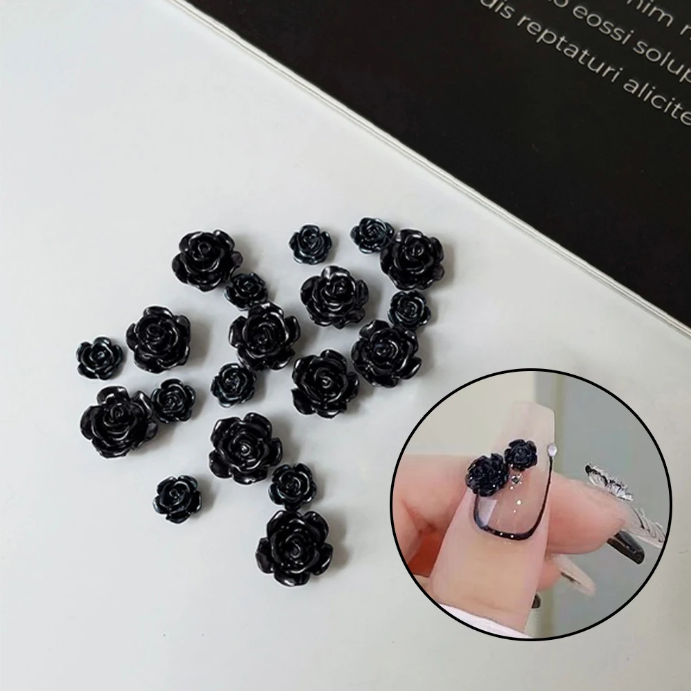 100pcs Black Rose Resin Nail Charm Decoration Parts 6/8mm 3D Matt Vintage Flatback Charms Girls DIY Jewelry Nail Art Accessories