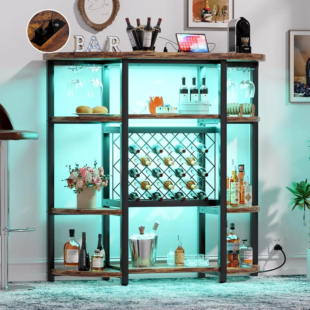 

Wine Rack Freestanding Floor,with Oulet and Two LED lights,4 Tier Wine Bar Cabinet with Display Shelf, Bar Stand For Liquor.