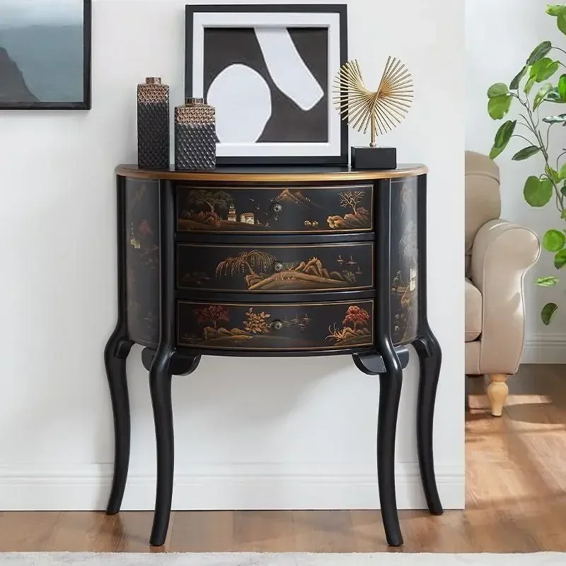 Retro black entrance cabinet, painted solid wood against the wall to enter the house, semi-round bucket cabinet, foyer entrance