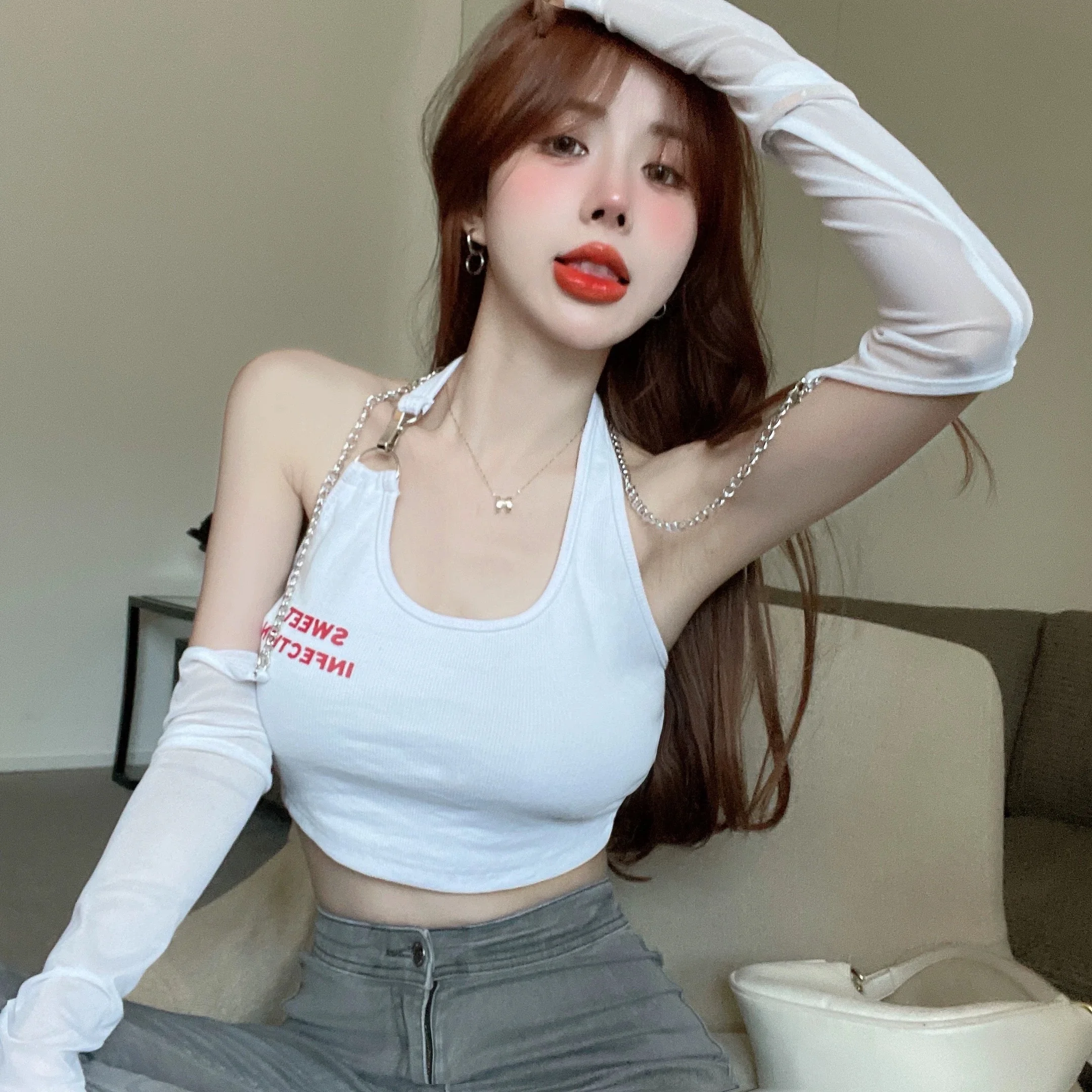 Detachable Sleeve T-Shirt Women T Shirts Blank Autumn-Winter Anti-Wrinkle Loose Structure Ins Style Holiday Gathering Plus Size