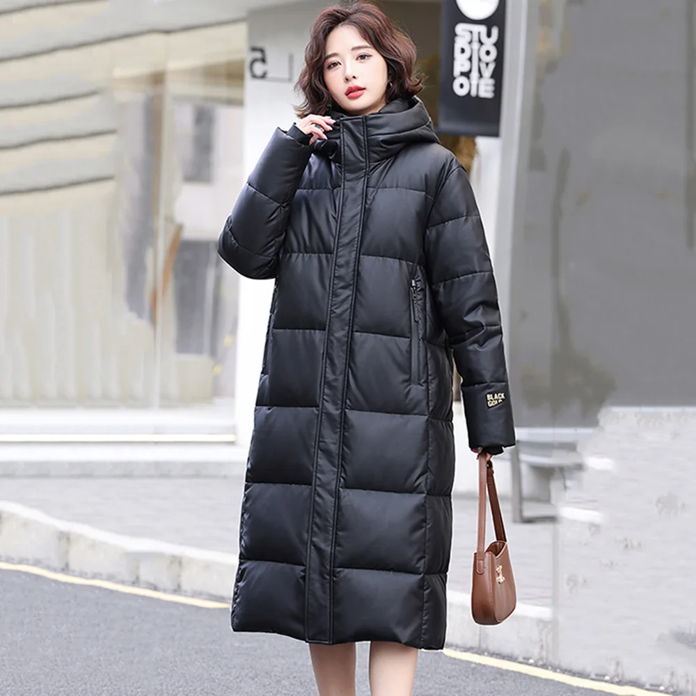 

New Women Winter Long Leather Down Coat Fashion Hooded Long Sleeve Wide-waisted Loose Down Overcoat Casual Warm Thick Coat