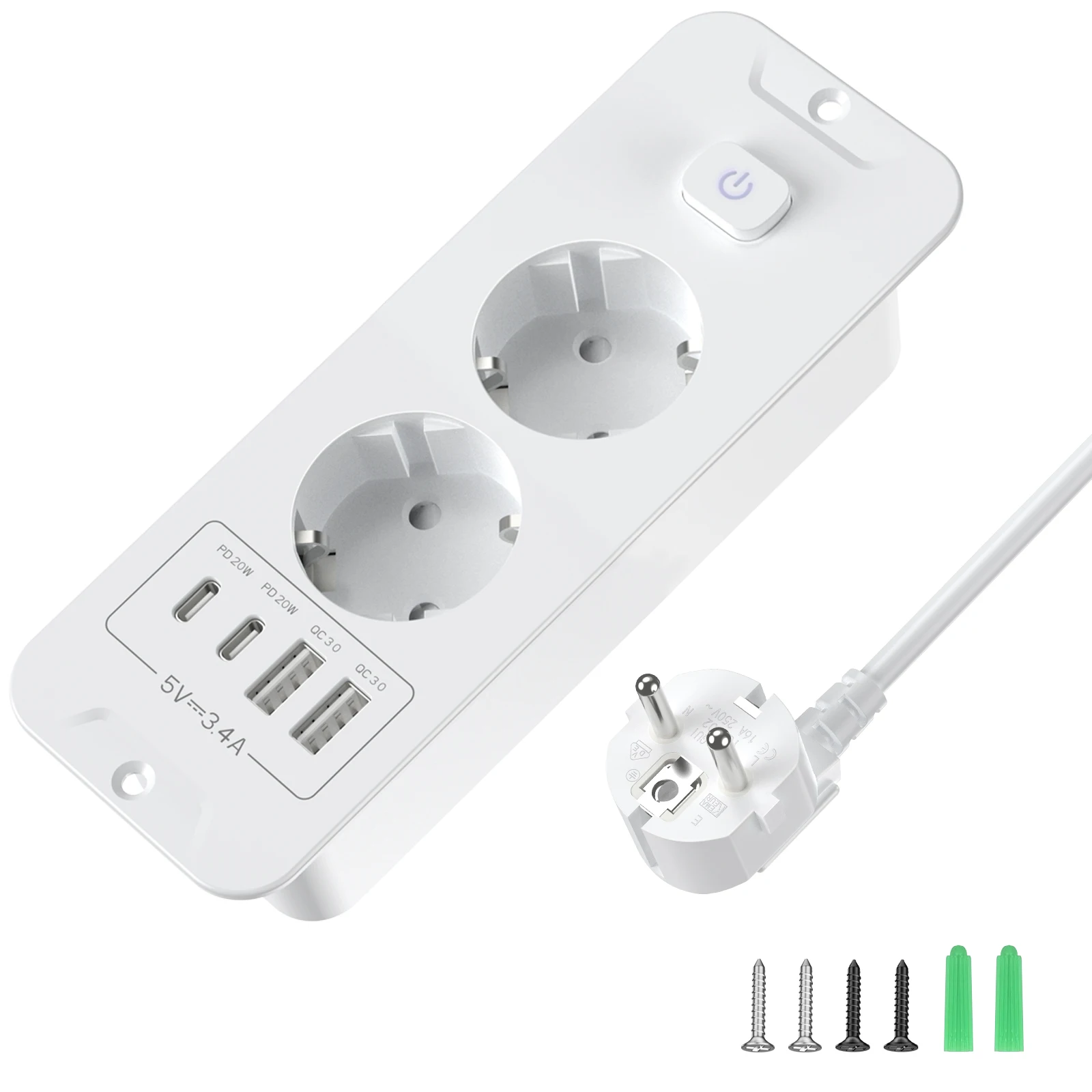 Europese standaard desktop-stekkerdoos met 2/3 AC-stopcontacten, 2 USB-poorten, 2 Type-C oplaadpoorten, 2m kabel