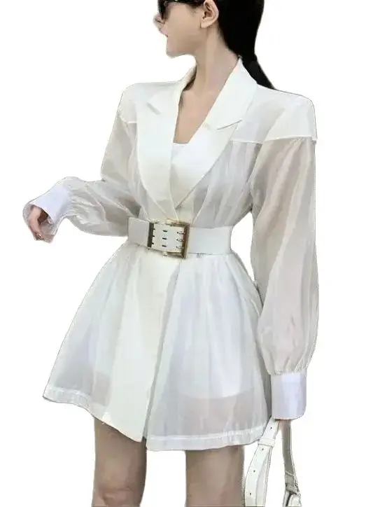 Shirt Women Korean White Breathable Mesh Coat Patchwork Loose Belt Thin Suit Jacket Female Spring Summer Long Sleeve Tops