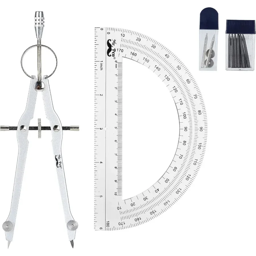 Zestaw kątomierz i cyrkiel - precyzyjne narzędzia geometryczne dla uczniów, do zajęć matematycznych, rysunku technicznego i artykułów szkolnych STEM