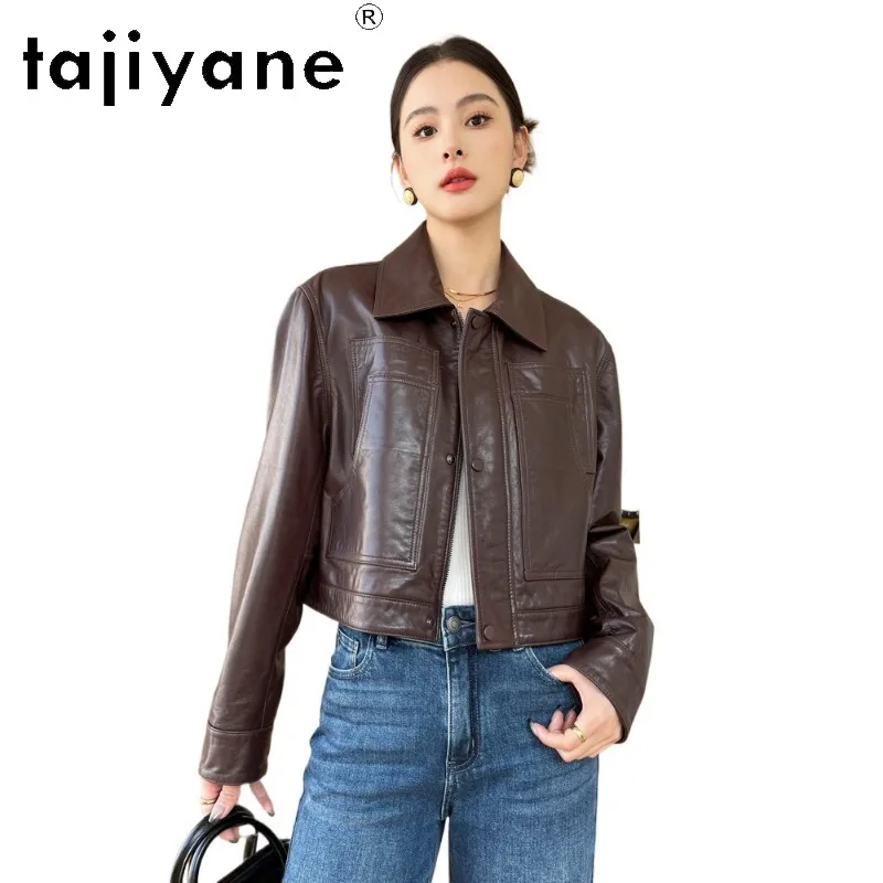 TAJIYANE 100% Sheepskin Genuine Leather Jacket Women Waxed Leather Coat Lapel Cropped Jackets for Woman Biker Outerwear 자켓 2026