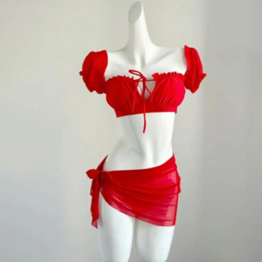 Damski Zestaw Bikini Vintage z Falbankami, Seksowny Odkryty Top z Wyściółką, Dopasowany Strój Kąpielowy Retro w Kolorze Czerwonym z Rozcięciem i Wiązaniem w Talii