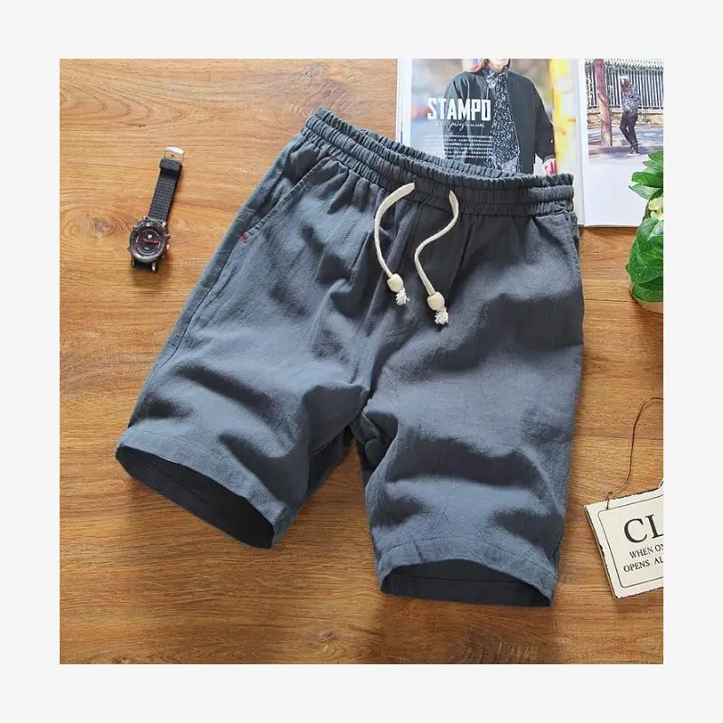 メンズコットンリネンルーズフィット夏黒靴下ブルートレンディオリーブグリーンチョッキカジュアルパンツストレートレッグ 5 分の 4 長さ