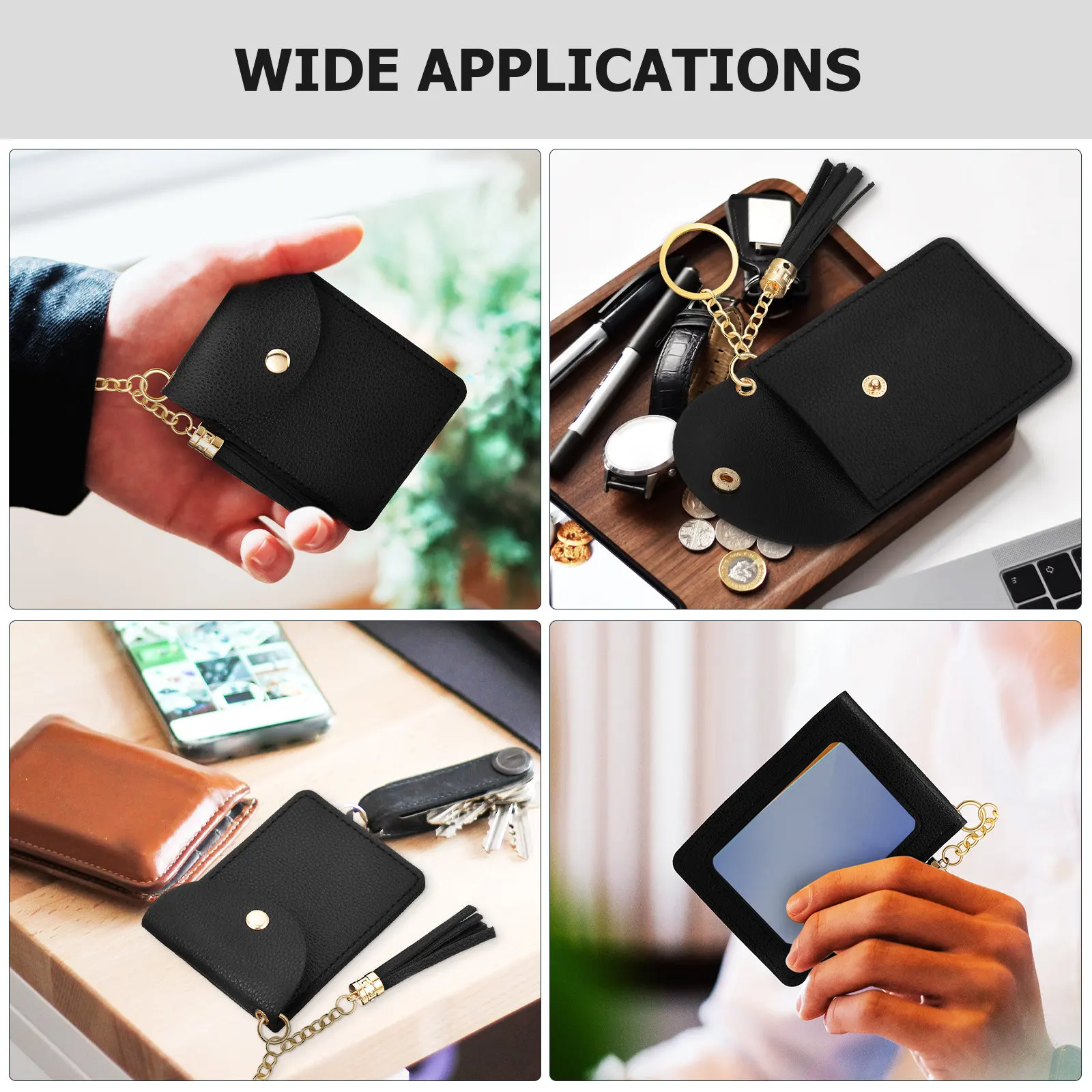 

Маленький картхолдер из ПУ с брелоком и кисточкой, классические цвета, для кредитных карт, наличных и монет, с надежной кнопкой-застежкой, модный