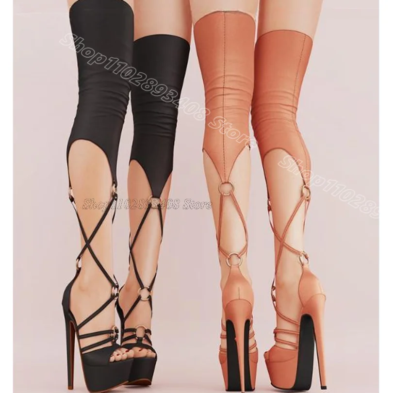 

Black Ring Decor Sandal Boots Open Toe Platform Stiletto Summer British Style Dress Party Women Boots 2025 Zapatos Para Mujere