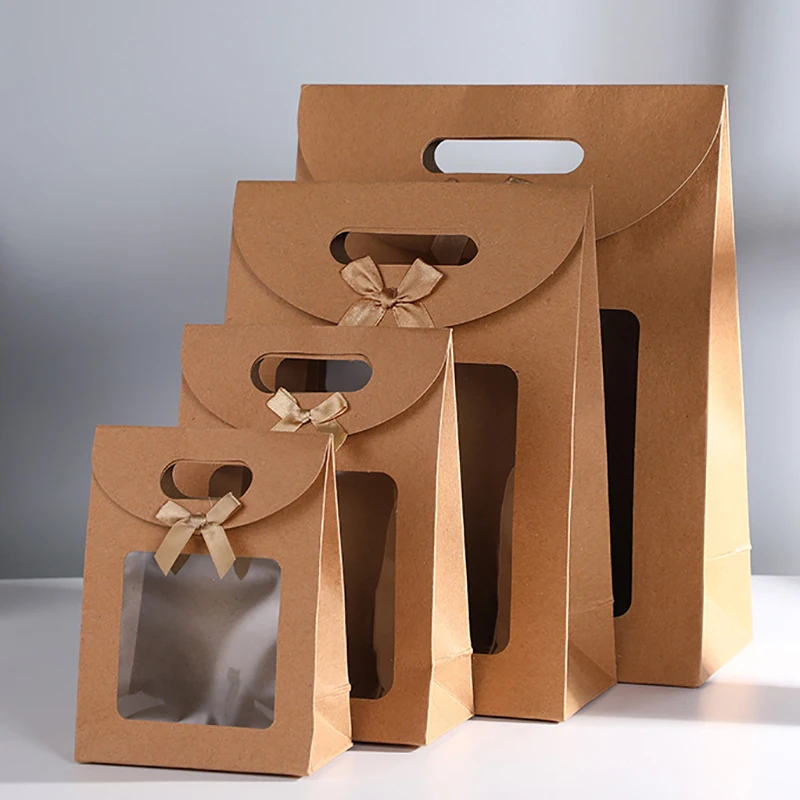 5pcs Transparent Window Kraft Paper Bags For Wedding Birthday Baptism Home Party Candy Gift Packaging Box Baking Takeaway Bag