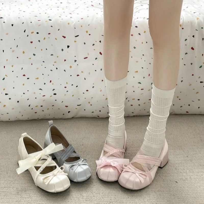 

Lace Cross Strap Women Mary Jane Shoes Fashion Sweet Butterfly-knot Thick Heel Shoes Spring Autumn Ladies Elegant Dress Pumps