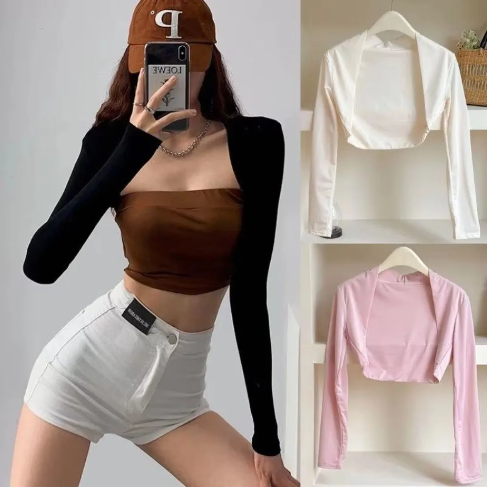 

Solid Color Ice Silk Arm Shawl Sleeves All-match Basic Thin Cardigan UV Protection Women Crop Top Long Sleeve Spring Summer