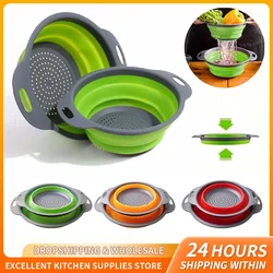 Silicone Round Folding Vegetable Fruits Washing Drain Basket Collapsible Colander Strainer Basket Kitchen Gadgets