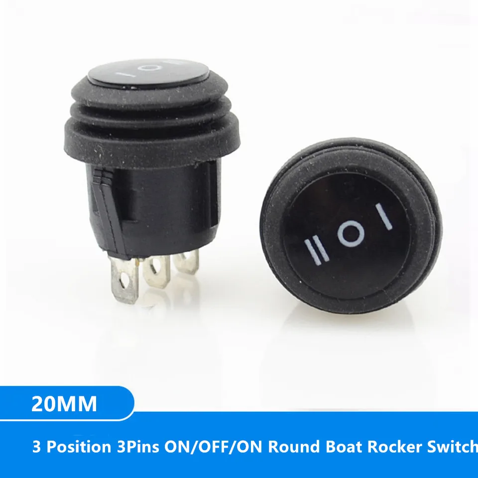 

1PC 20MM Black Waterproof 3 Position 3Pins Round Boat Rocker Switch ON/OFF/ON 6A/250V 10A/125V AC