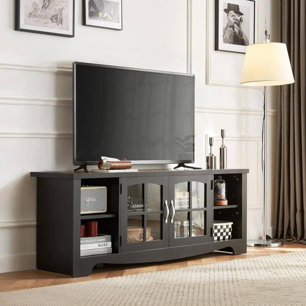 Wood Entertainment Center with Glass Door Storage Cabinet & Adjustable Shelves, Sturdy TV Console Table, Black