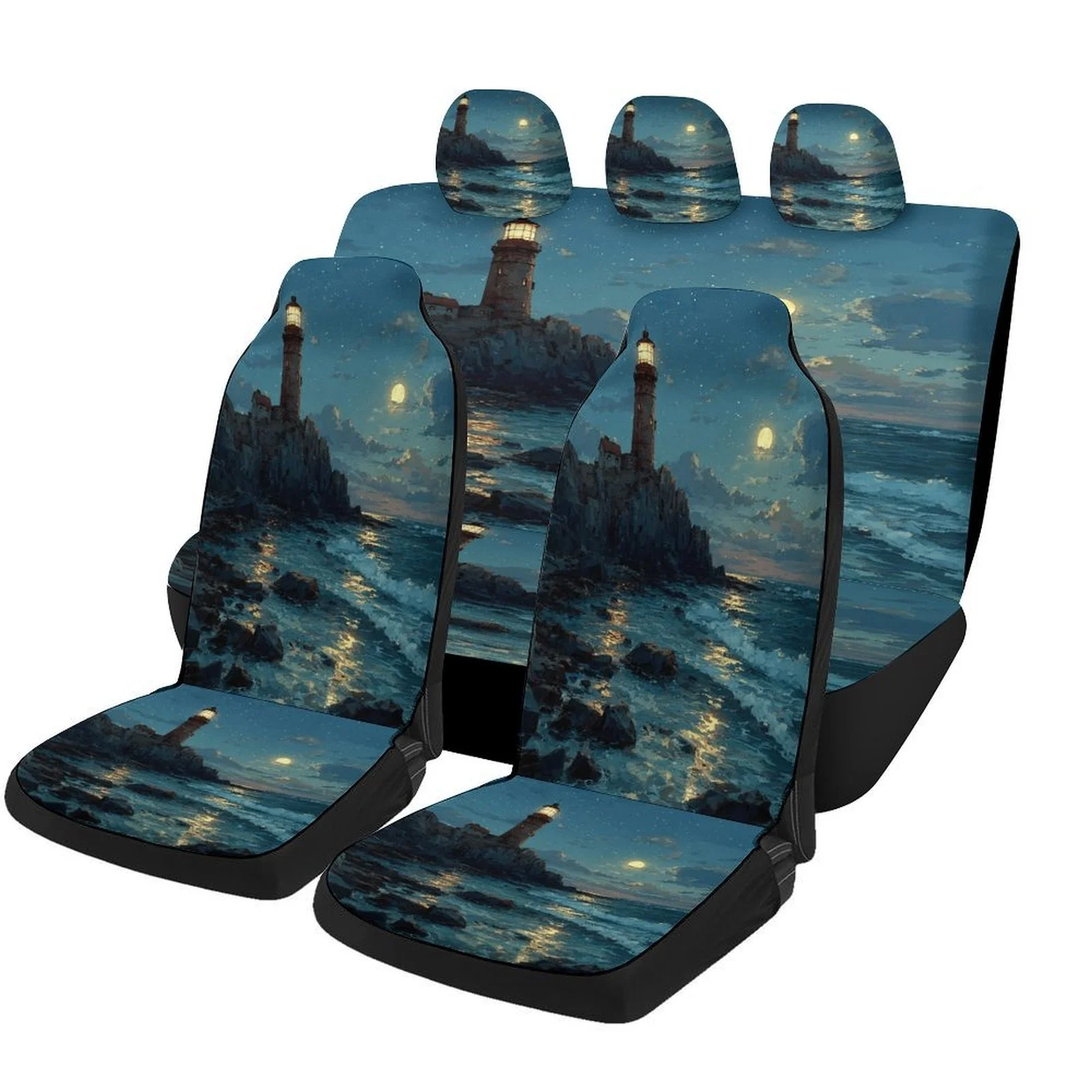

Lighthouse Moonlight Sea Designed Car Seat Cover Set For Most Cars, Trendy Novelty High-quality Car Seat Protector Covers Full S