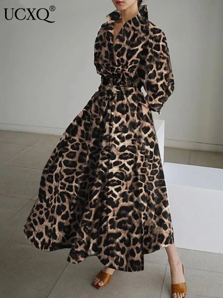 

UCXQ Fashion Leopard Print Dress European Style Cotton-ramie Loose All Match Elegant Long Dresses Women 2024 Spring Summer 8682