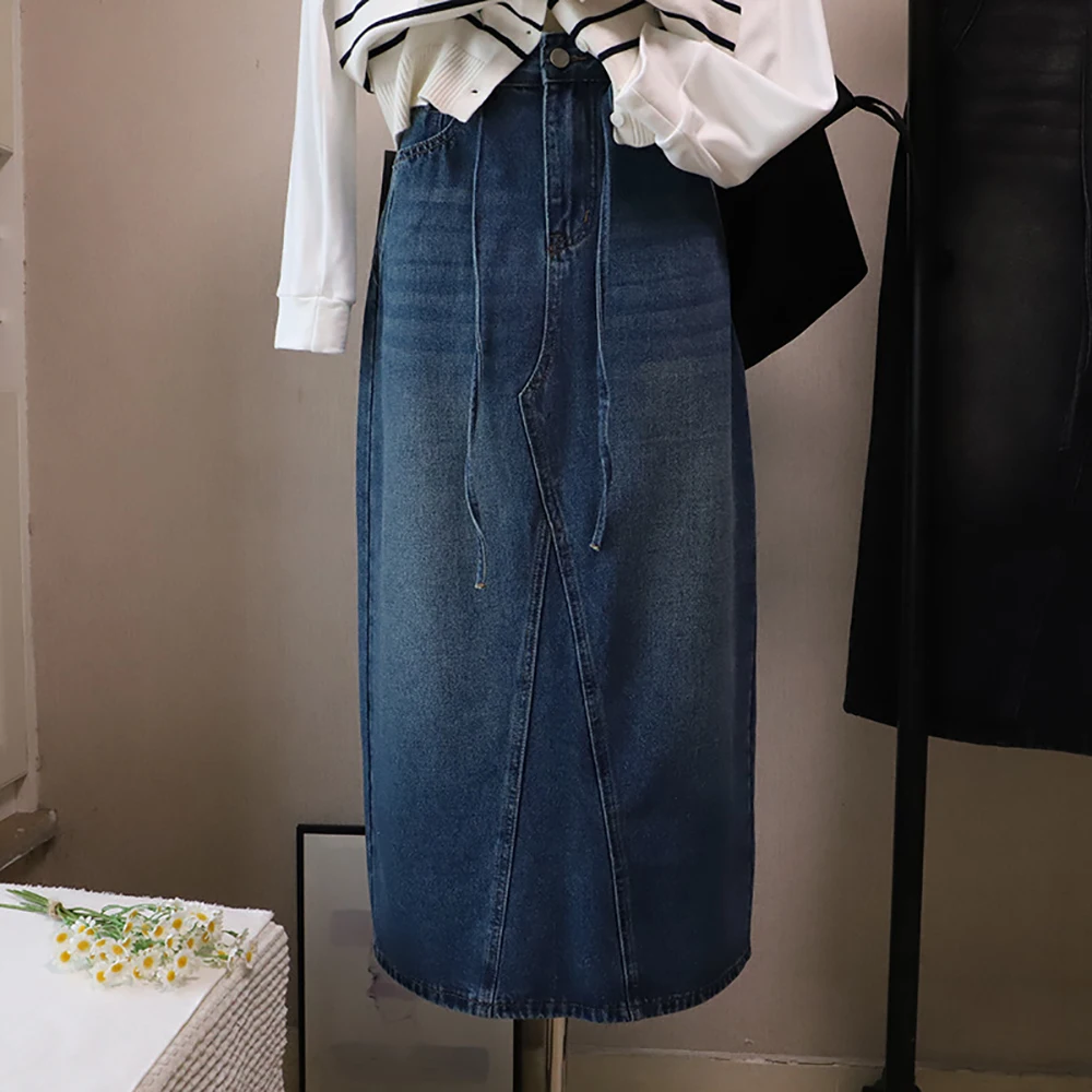 

Vintage Washed High Waist Denim Skirts Autumn Korean New Solid Color All-Match Skirt Daily Commute Jean Skirts for Women