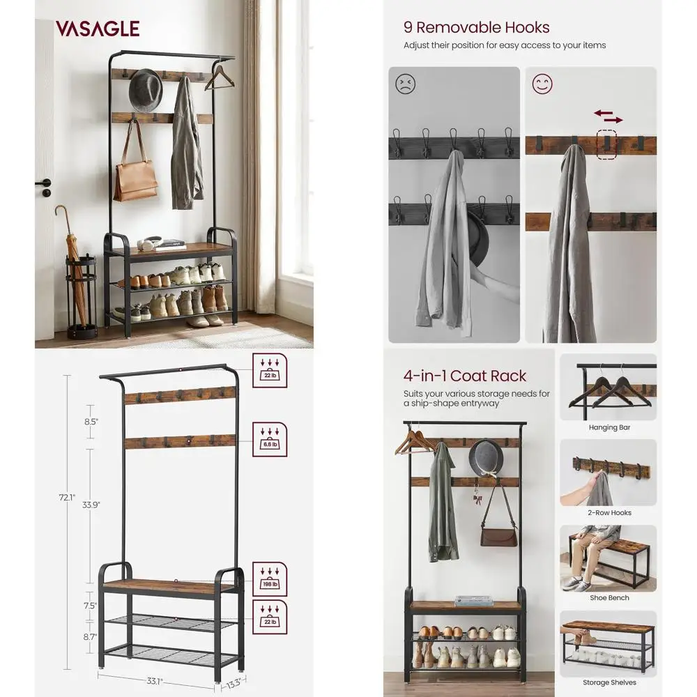 

Rustic Entryway Bench with Coat Rack, Shoe Storage, and 9 Hooks, 4-in-1 Design, 13.3x33.1x72.1 Inches, Black and Brown UHSR400B0