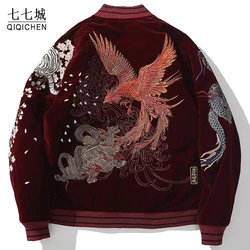 Thicken Bomber Jacket Men Dragon Phoenix Animal Embroided Jbaseball Ackets Winter Japanese Retro Outwear Warm Velvet Coat 2022