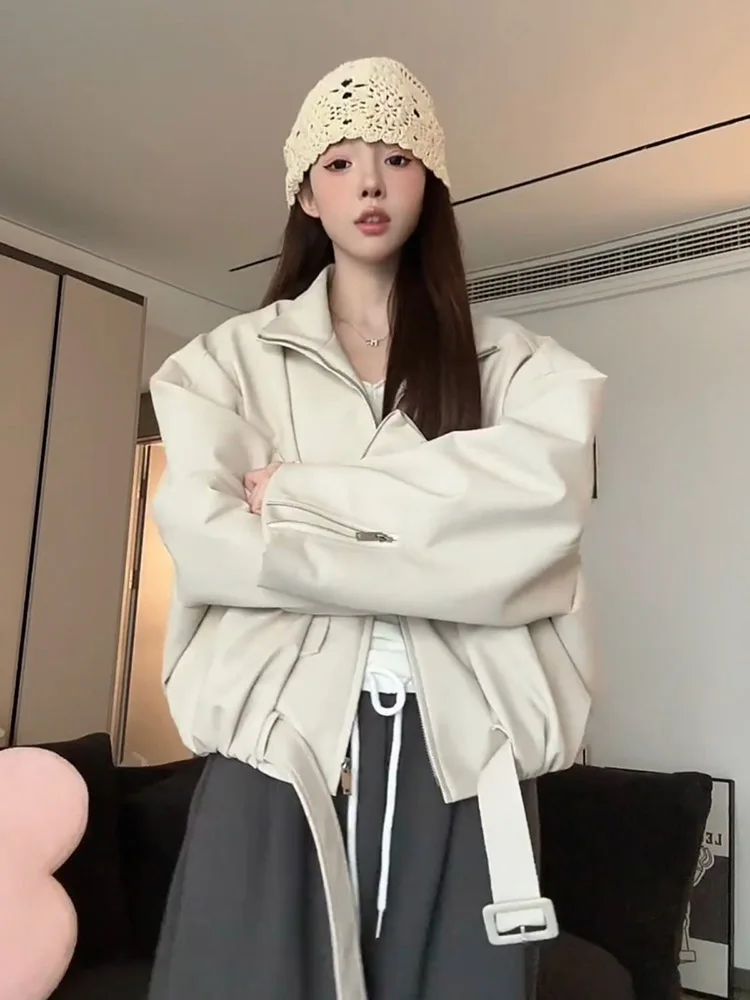 

Sweet and cool design standing collar motorcycle leather jacket women's autumn new loose short versatile lapel coat