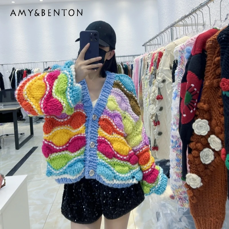 

Color Thick Needle Hand-Made V-neck Sweater Coat 2024 Autumn Winter New Top Heavy Industry Coat Fashion Loose Cardigan Knitwear