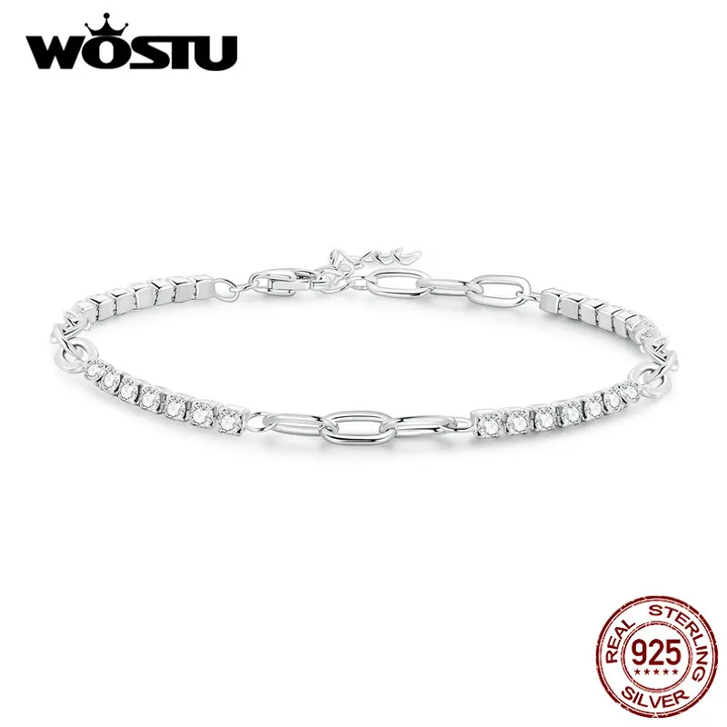 WOSTU 925 Sterling Silver Square Shiny Cubic Zirconia Tennis Bracelets For Women Euro Simple Splice Bangle Wrist Jewelry Gift