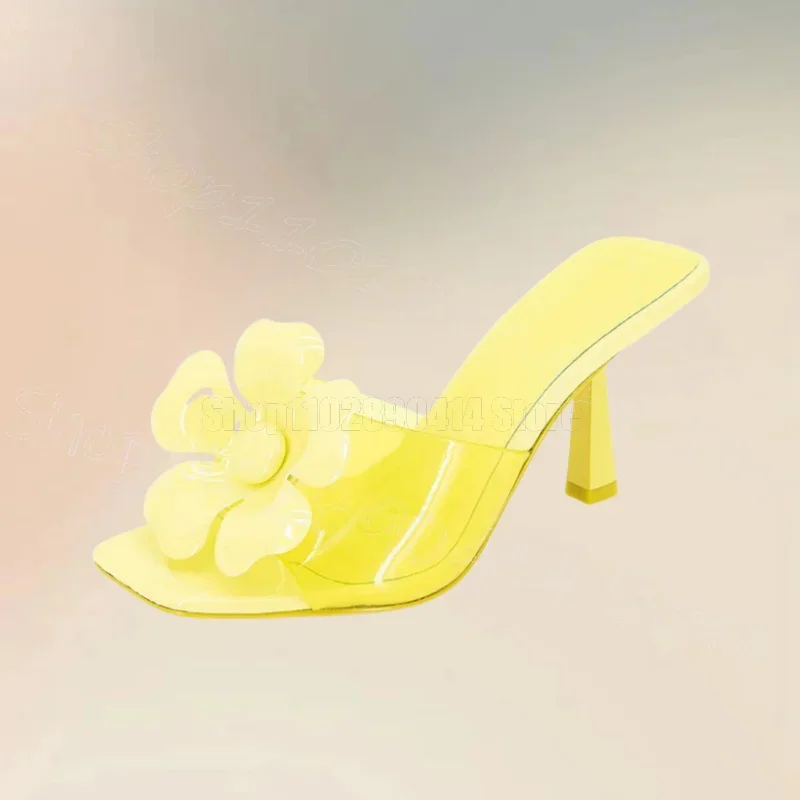 

Yellow PVC Appliques Design Open Toe Slippers Slip On Women Shoes Thin High Heels Party Banquet Dating 2025 Zapatos Para Mujere