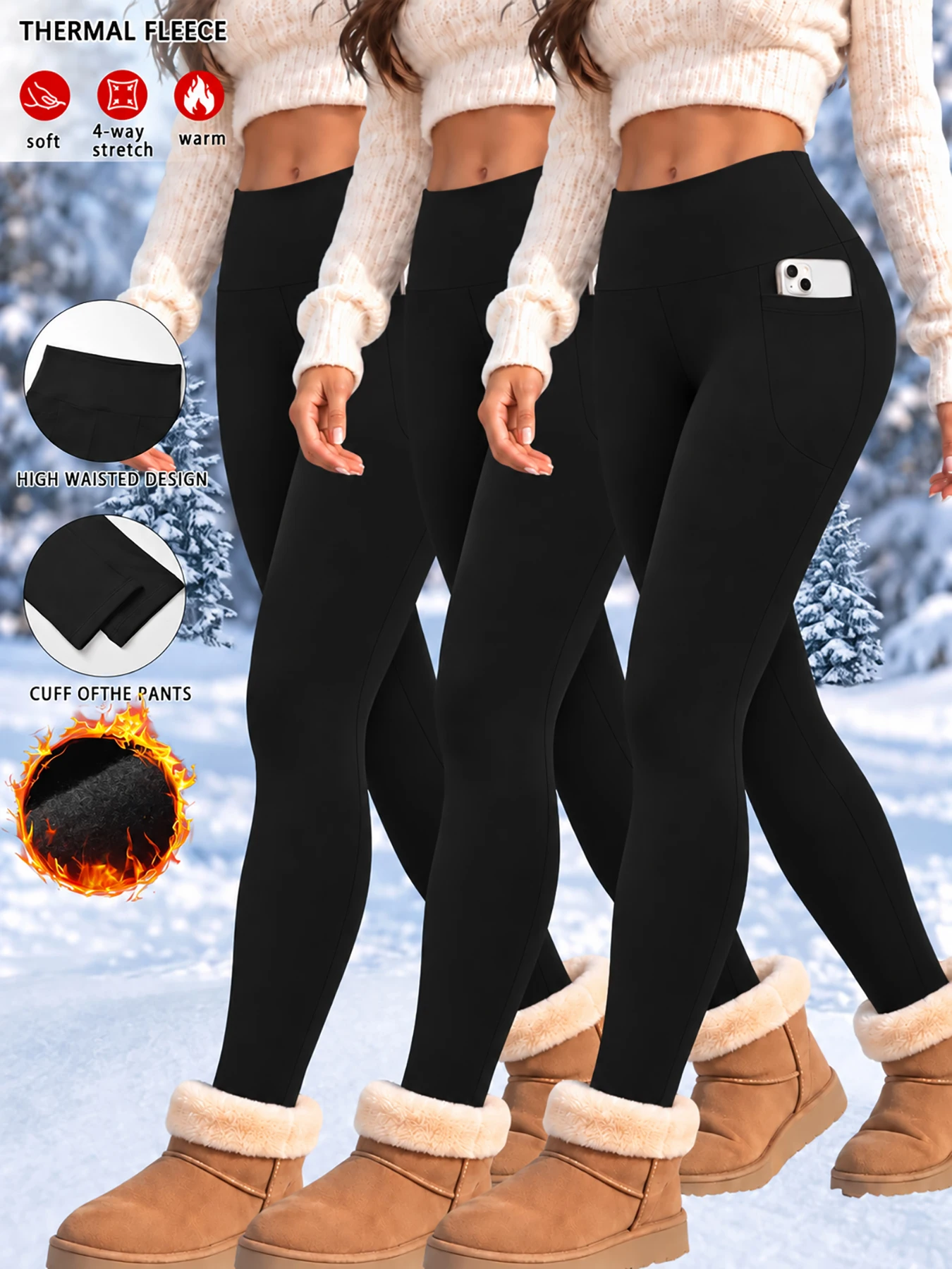3 Pack Womens Thermal Fleece Lined High Waisted with pockets Leggings, Workout Winter Warm Thick Tights Soft Yoga Running Pants
