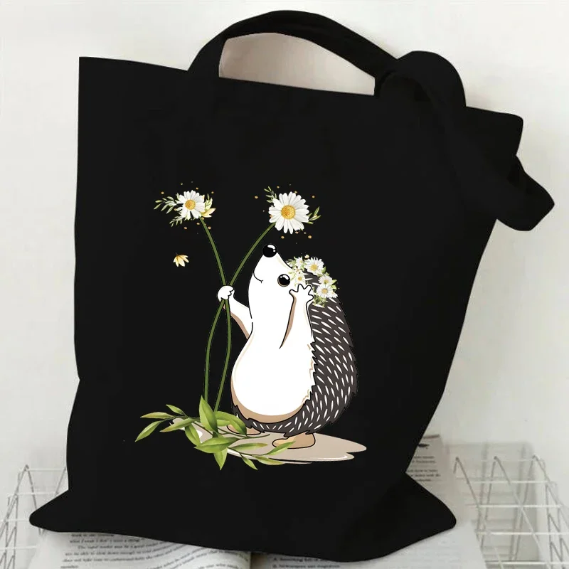 Cute Flower Hedgehog Pattern Tote Bag Women Cartoon Animal Style Shopping Bag Kawaii Hedgehog Canvas Shoulder Bag Lady Handbags