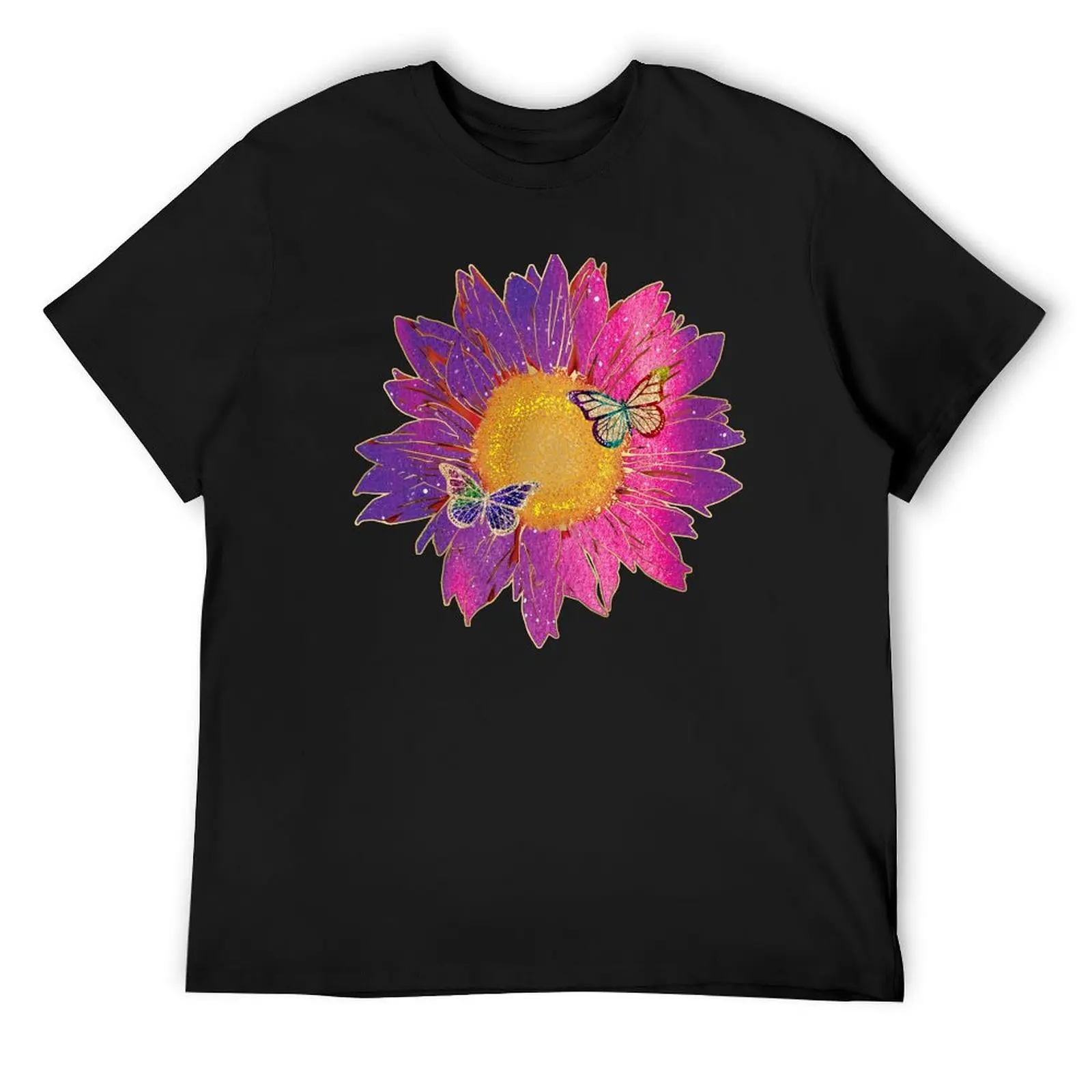 

Pink Sunflower with Golden Rainbow Glitter Butterflies T-Shirt valentines clothes T-shirts oversize mens plain t shirts
