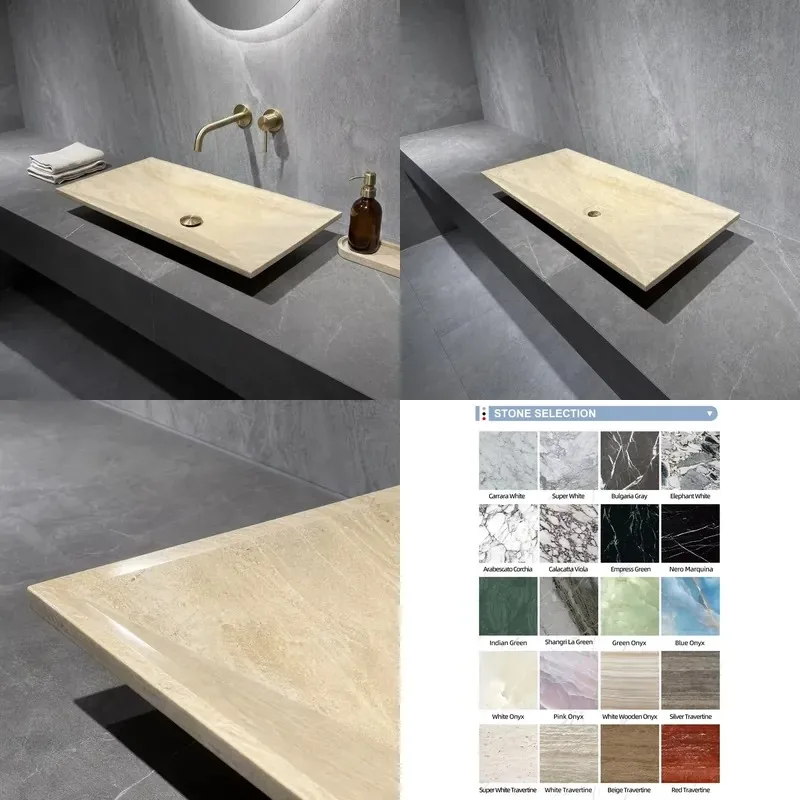 Beige Natural Stone Sink Tapered Light Large Countertop Basin Suitable for Guest Bathroom Projects