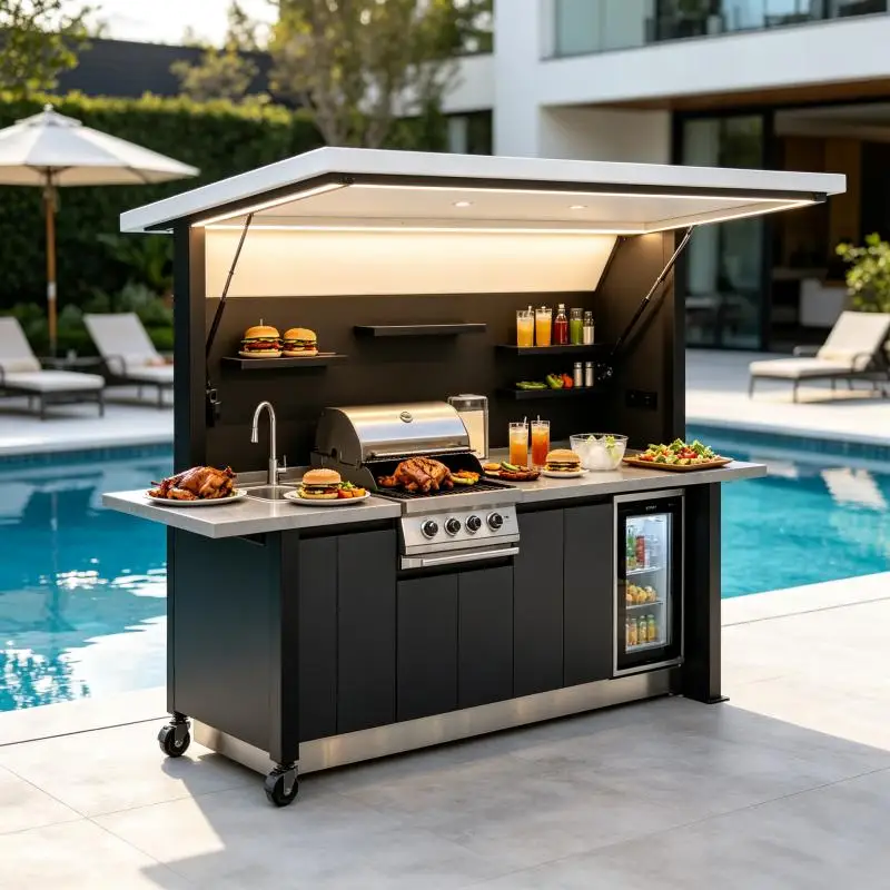 Outdoor Kitchen SS304 Waterproof Cooking Station With Refrigerator Side Burner Anti Rust Outdoor BBQ Cabinet For Courtyard