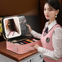 LED Lighted Makeup Mirror Storage Case, Large Cosmetic Organizer, Detachable Divider Beauty Box,  Zipper Travel Case