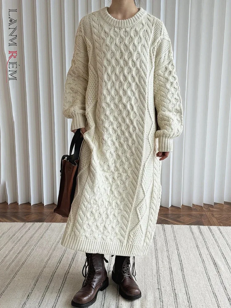 

[LANMREM] Thick Warm Knit Pullover Dress Women Round Neck Office Lady Long Dresses Office Lady Clothing 2024 Winter New 26C865