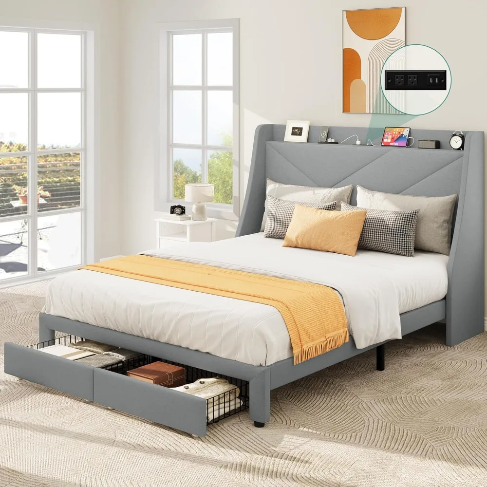 

Queen Size Bed Frame w/Type-C & USB Port and 2 Drawers, Upholstered Headboard Storage Shelf Platform Bed, No Box Spring Needed