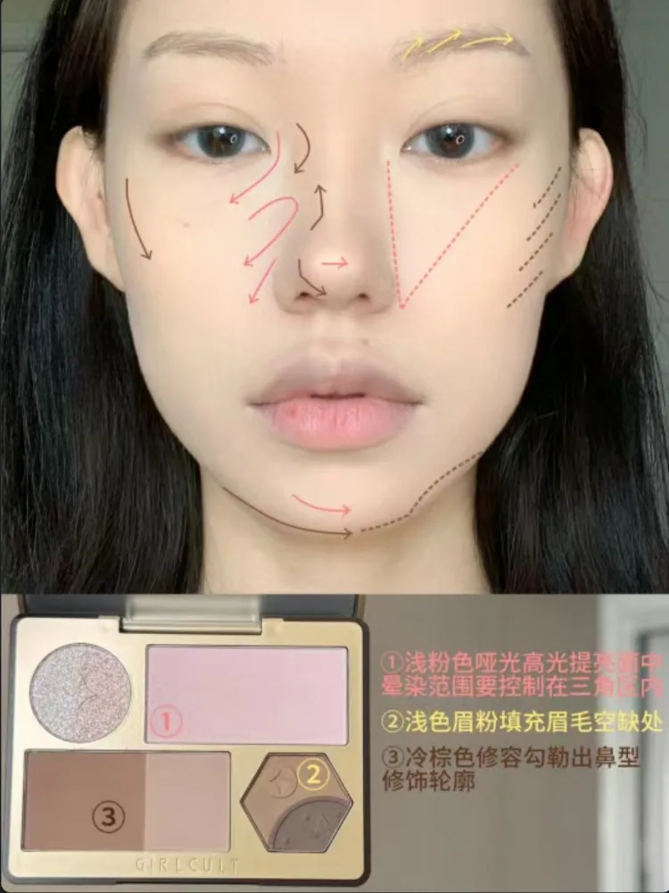 Girlcult Face Complexion Palette Peach Blossom Finishing Highlight Matte Blush Eyebrow Powder Females Makeup Cosmetics Beauty