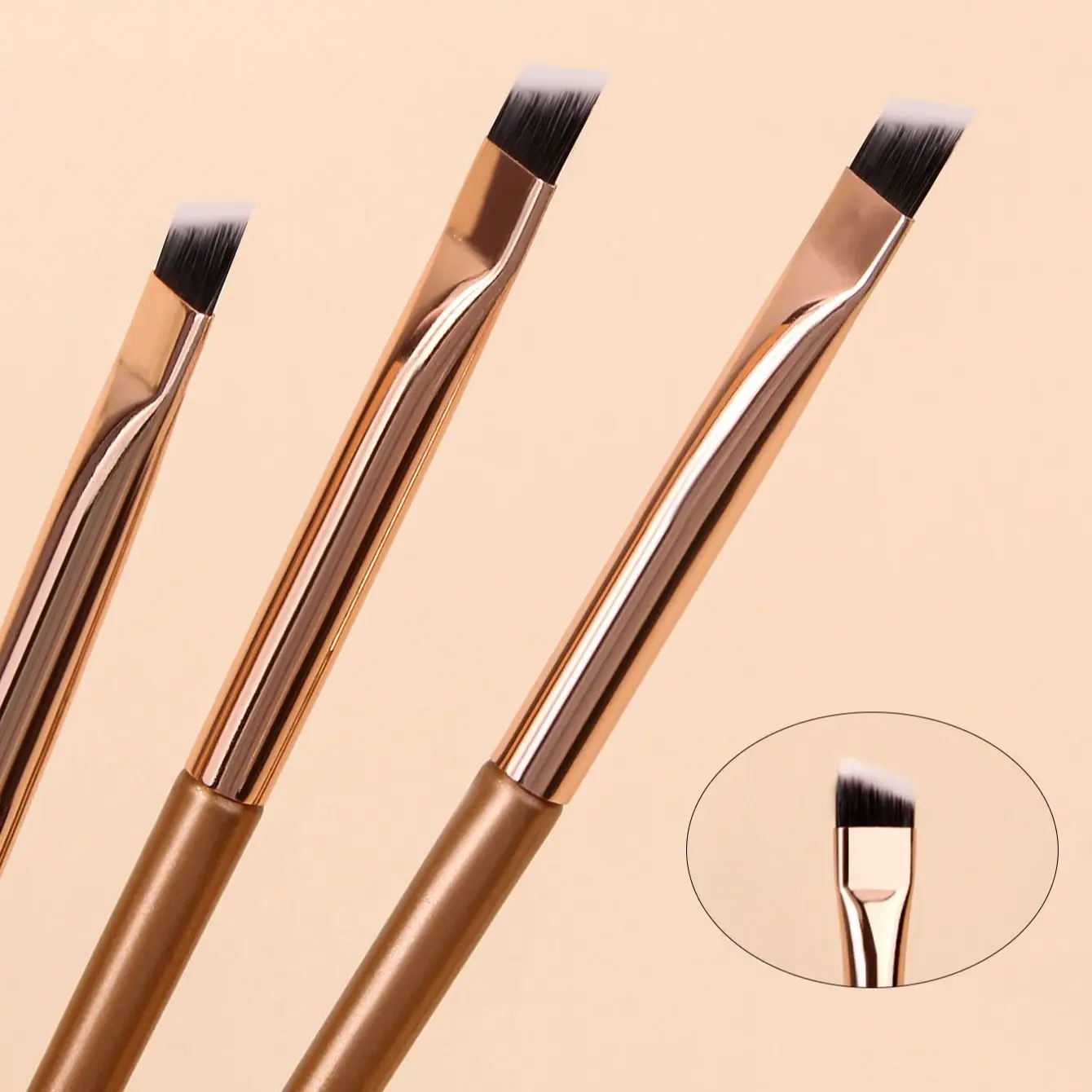 3PC GOLD Sickle Eyeliner Brush Knife Edge Makeup Brush Liquid Eyeliner Brush Ultra Thin Fine Oblique Angle Flat Head Eyebrow