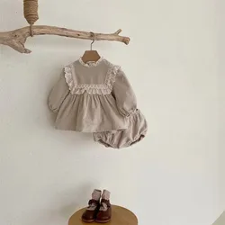 Ensemble de Vêtements pour Bébé Fille, Rouge Brique, Beige, Abricot, avec Col en Dentelle, Short en Y, Vêtements Imbibés, 2 Pièces, Nouvelle Collection Printemps Automne 2023