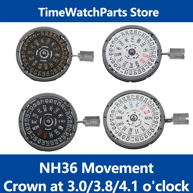 Japan Original NH36 Automatic Movement Crown at 3.8/4.1 oclock Self-widing Accuracy 24 Jewels Movement Day-Date Watch Case Parts