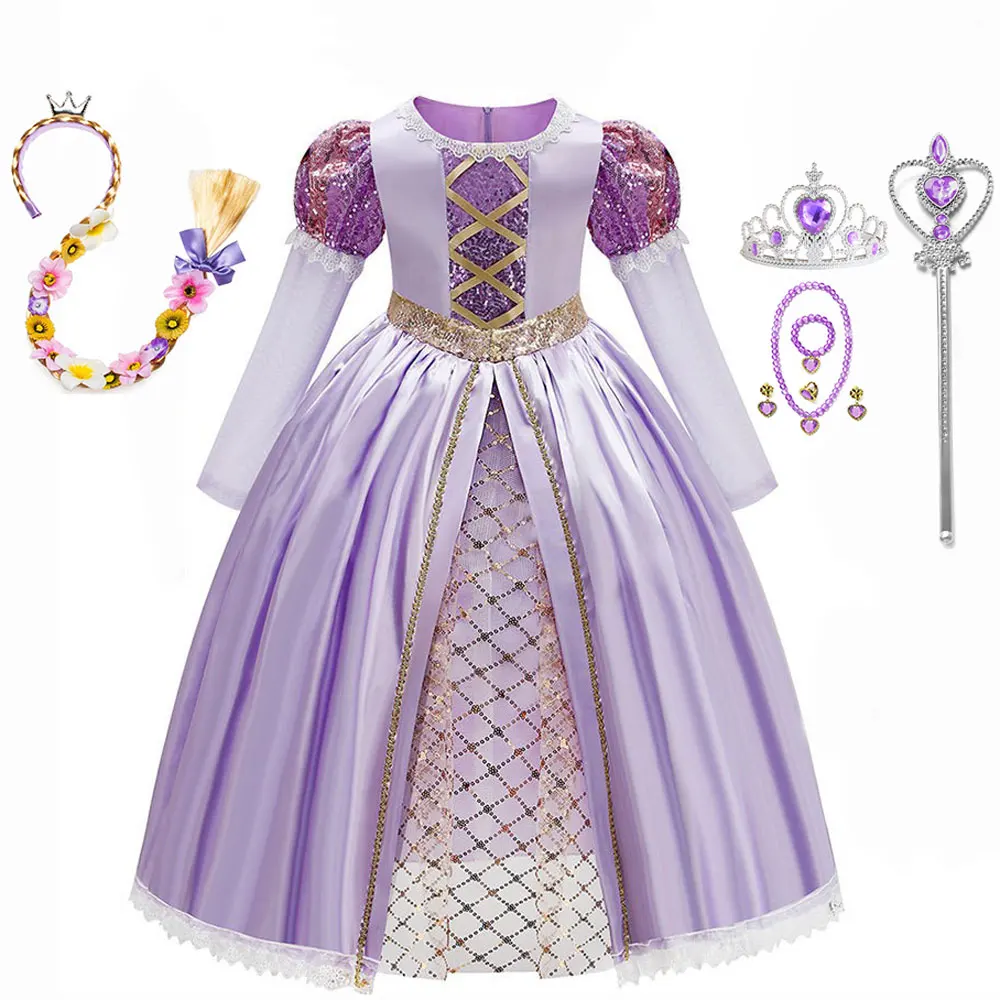 Halloween Rapunzel dress with bow children's cosplay complete Birthday Christmas Party Cosplay Outfit Accessories Included set