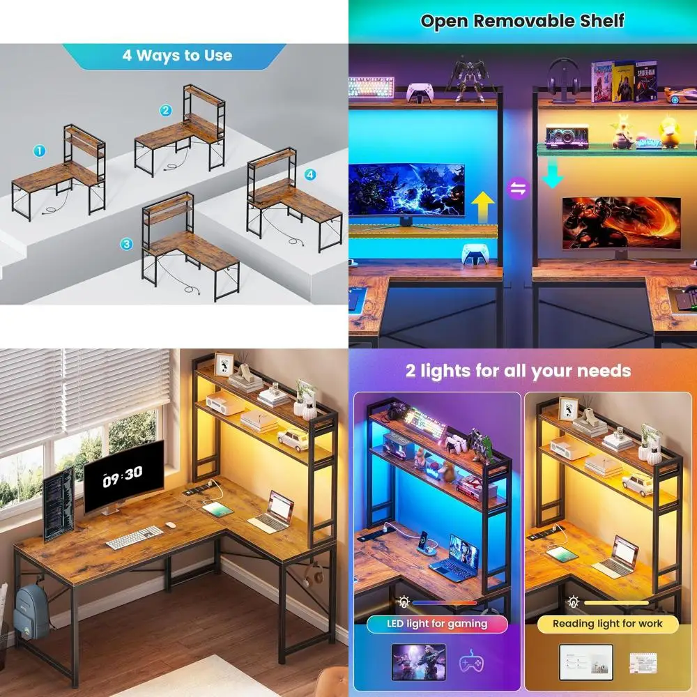 

Rustic Brown L-Shaped Desk with Hutch, 45.3 LED-lit Home Office Desk, Storage, and Power Outlet for Small Spaces